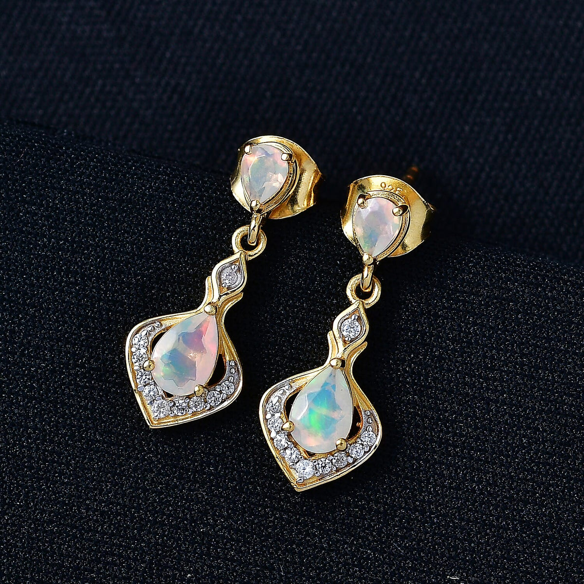 D'Joy Faceted Ethiopian Opal, White Zircon Dangling Earring with Push Back in Yellow Gold Plated Sterling Silver 8422603 2