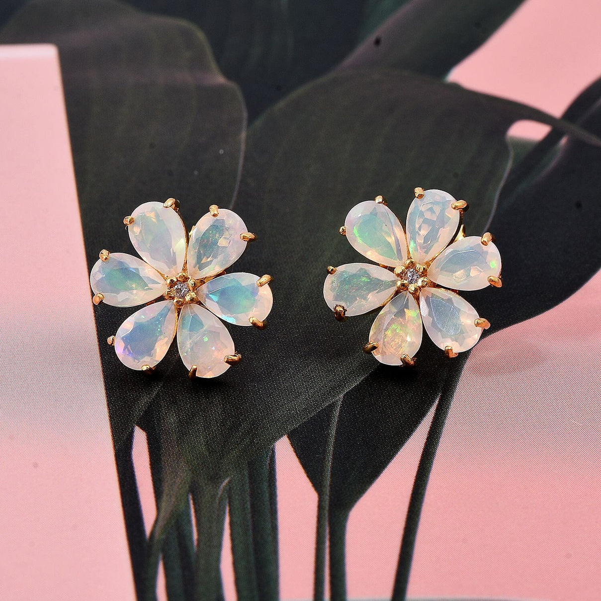 D'Joy Ethiopian Opal &amp; White Zircon Earring with Push Back in 18K Yellow Gold Plating Sterling Silver 2.86 Ct. 8273342 1