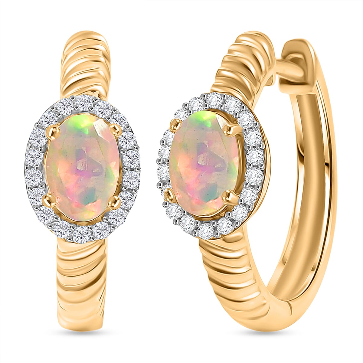 D'Joy Faceted Ethiopian Opal &amp; White Zircon Earring with Hoop in Yellow Gold Plated Sterling Silver 1.00 Ct. 8419419 0