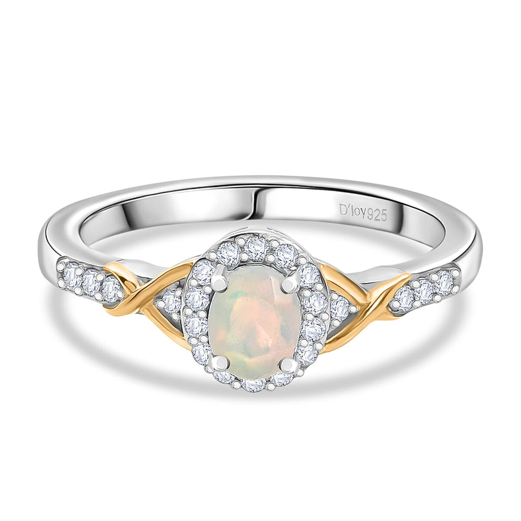 D'Joy Faceted Ethiopian Opal & White Zircon Ring in Platinum Overlay & Yellow Gold Plated Sterling Silver