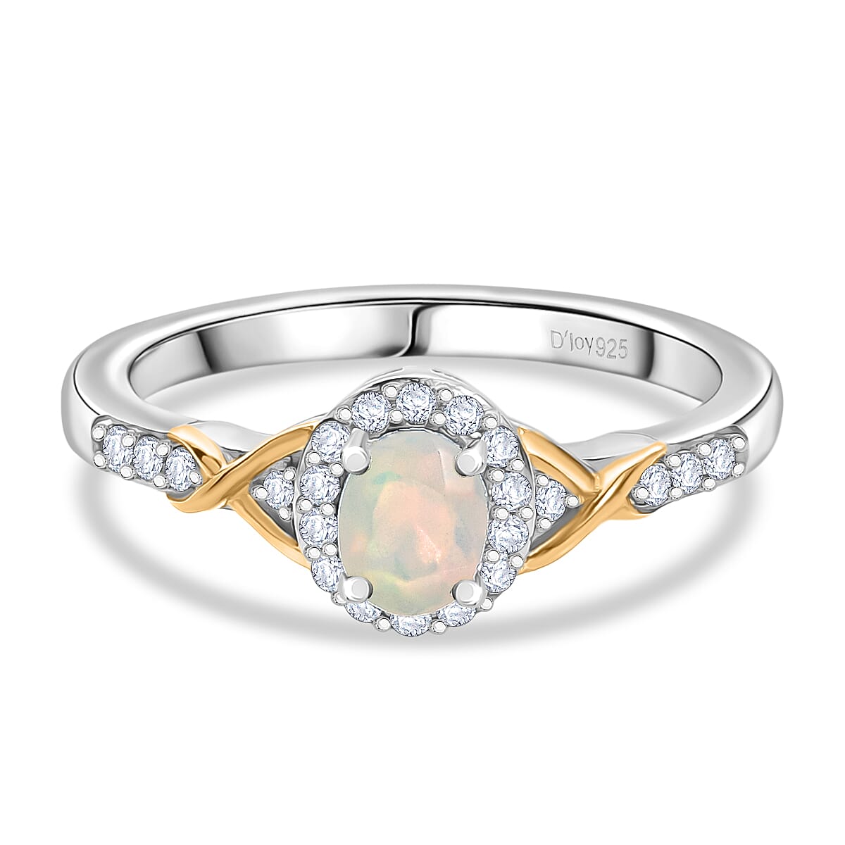 D'Joy Faceted Ethiopian Opal, White Zircon Halo Ring in Platinum Overlay &amp; Yellow Gold Plated Sterling Silver 8422594 0