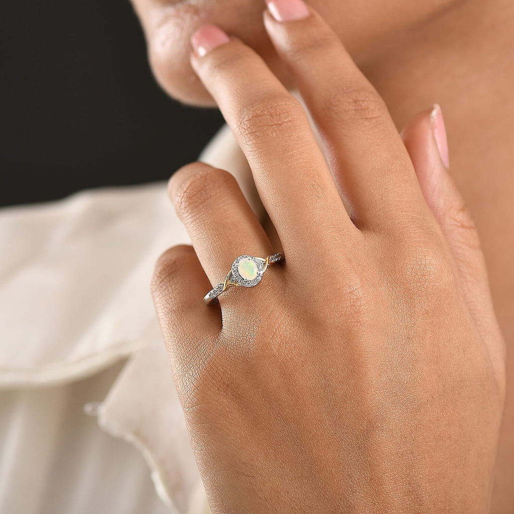 D'Joy Faceted Ethiopian Opal & White Zircon Ring in Platinum Overlay & Yellow Gold Plated Sterling Silver