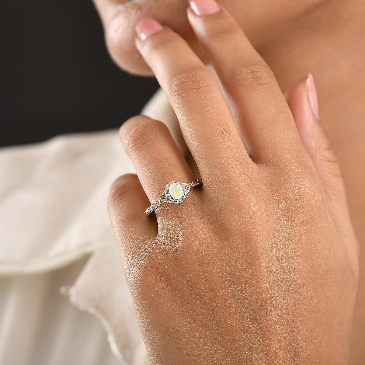 D'Joy Faceted Ethiopian Opal, White Zircon Halo Ring in Platinum Overlay &amp; Yellow Gold Plated Sterling Silver 8422594 3