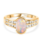 D'Joy Faceted Ethiopian Opal & White Zircon Oval Cut Halo Ring in Yellow Gold Plated Sterling Silver 1.12 Ct.