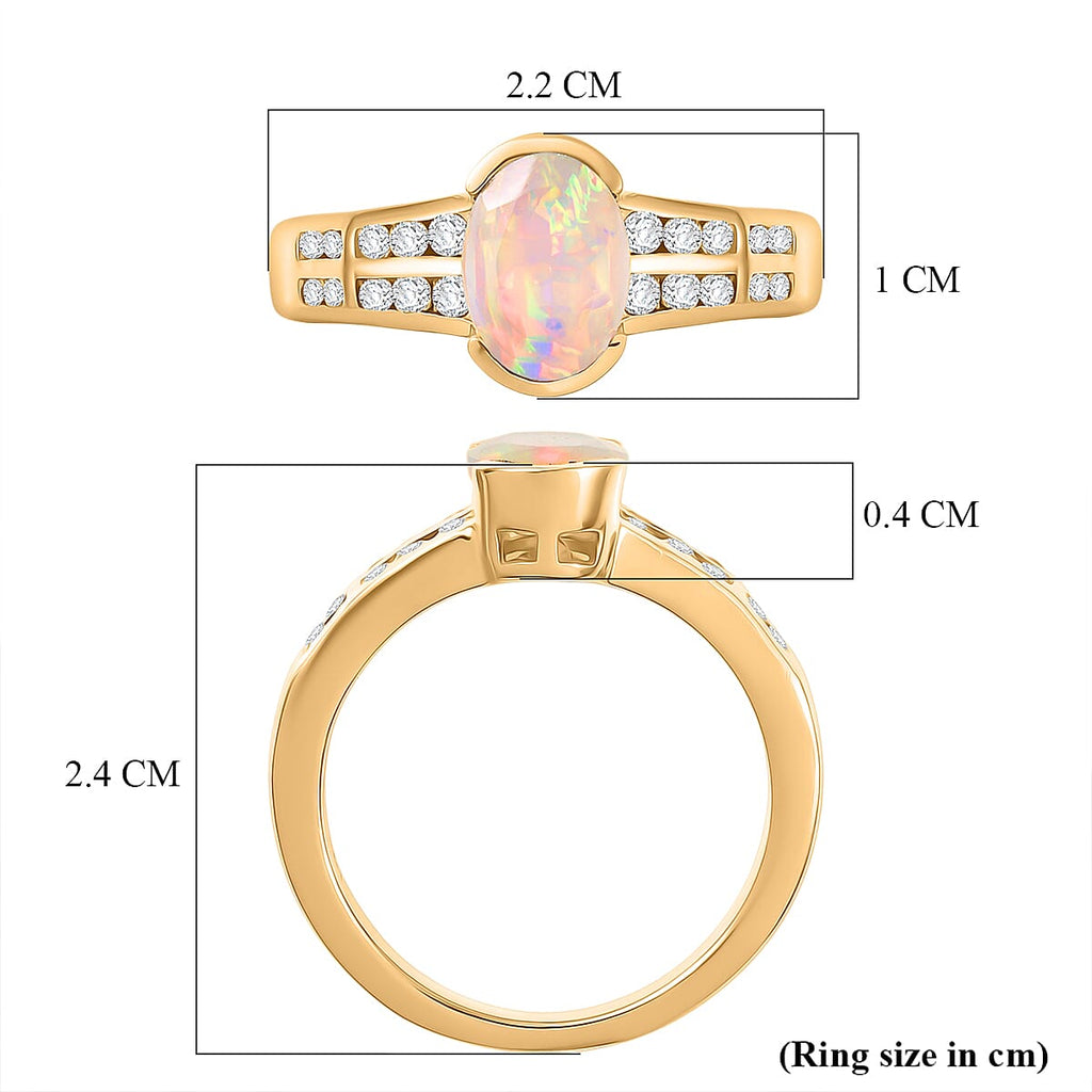 D'Joy Faceted Ethiopian Opal & White Zircon Oval Cut Halo Ring in Yellow Gold Plated Sterling Silver 1.12 Ct.