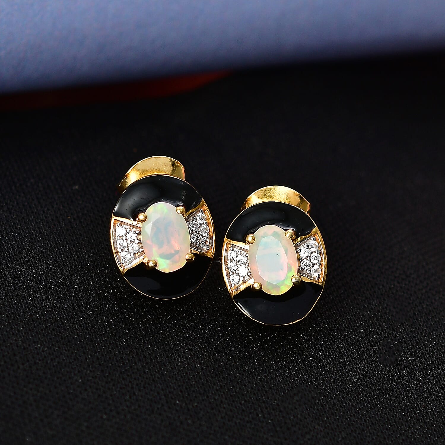 D'Joy Faceted Ethiopian Opal &amp; White Zircon Solitaire Stud Push Post Earring in Yellow Gold Plated Sterling Silver. 8422542 2