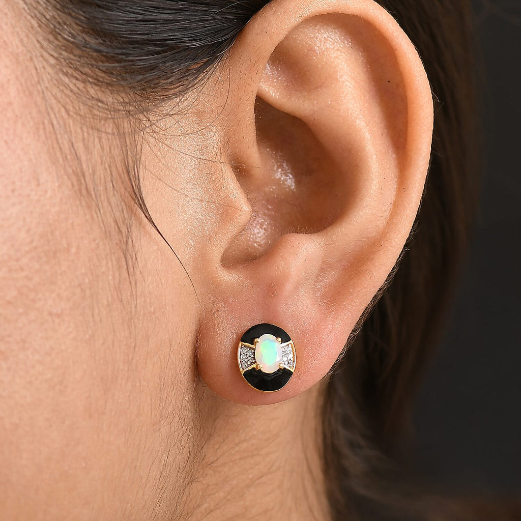 D'Joy Faceted Ethiopian Opal & White Zircon Solitaire Stud Push Post Earring in Yellow Gold Plated Sterling Silver.