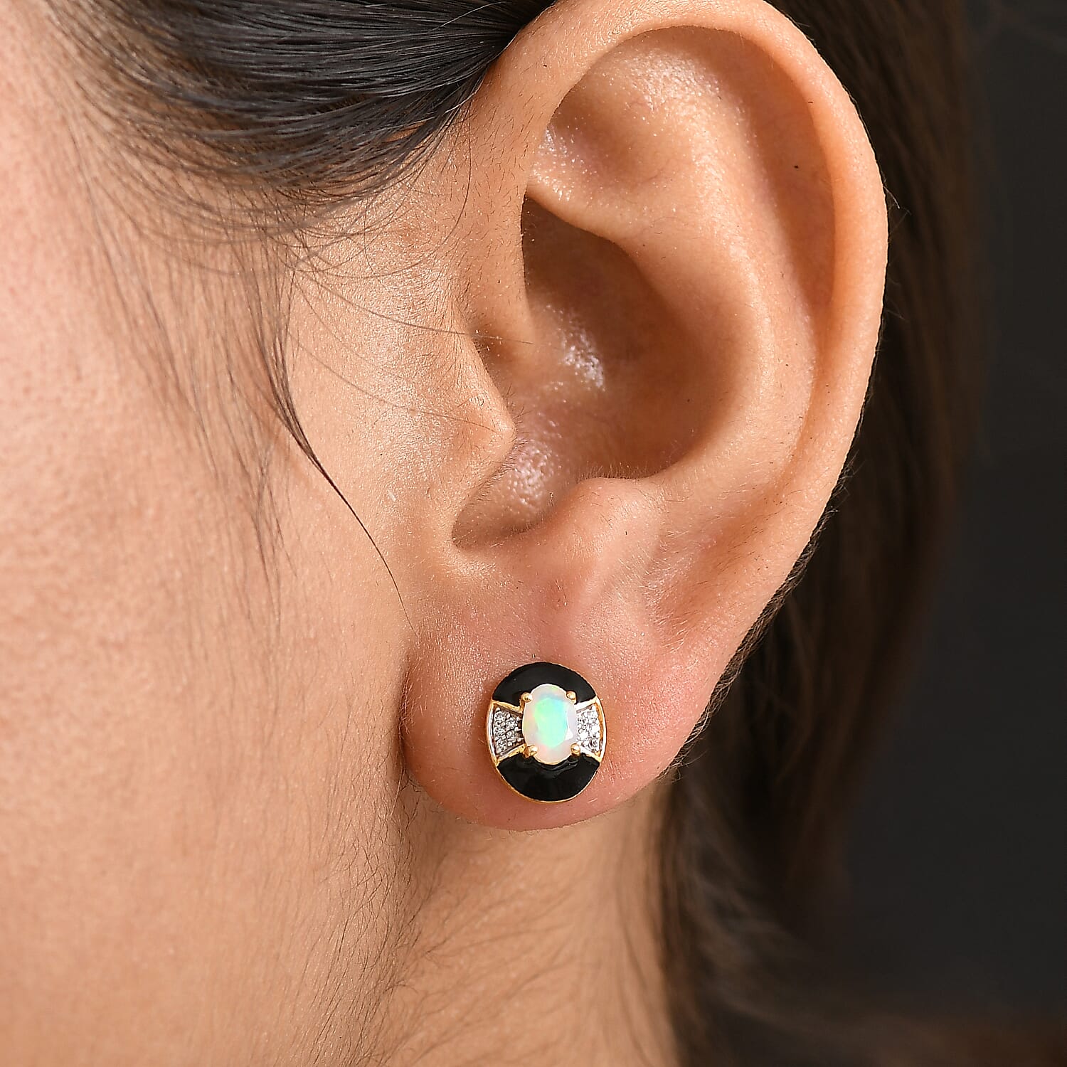 D'Joy Faceted Ethiopian Opal &amp; White Zircon Solitaire Stud Push Post Earring in Yellow Gold Plated Sterling Silver. 8422542 3