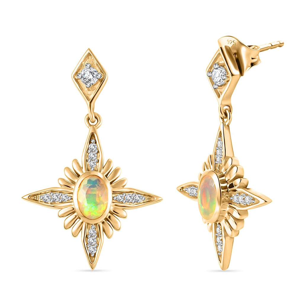 D'Joy Faceted Ethiopian Opal & White Zircon Dangling Push Back Earring in Yellow Gold Plated Sterling Silver 1.00 Ct.
