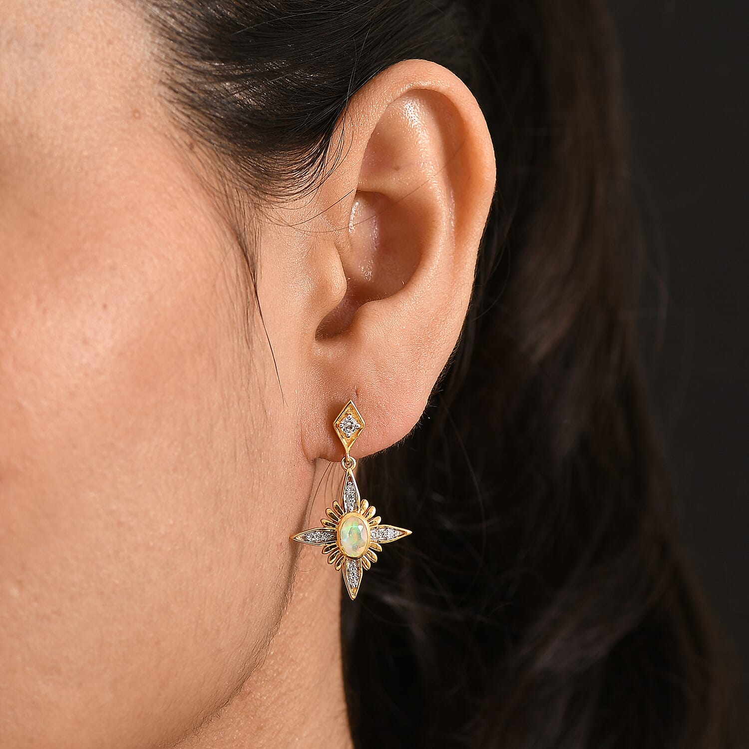 D'Joy Faceted Ethiopian Opal &amp; White Zircon Dangling Push Back Earring in Yellow Gold Plated Sterling Silver 1.00 Ct. 8429783 2