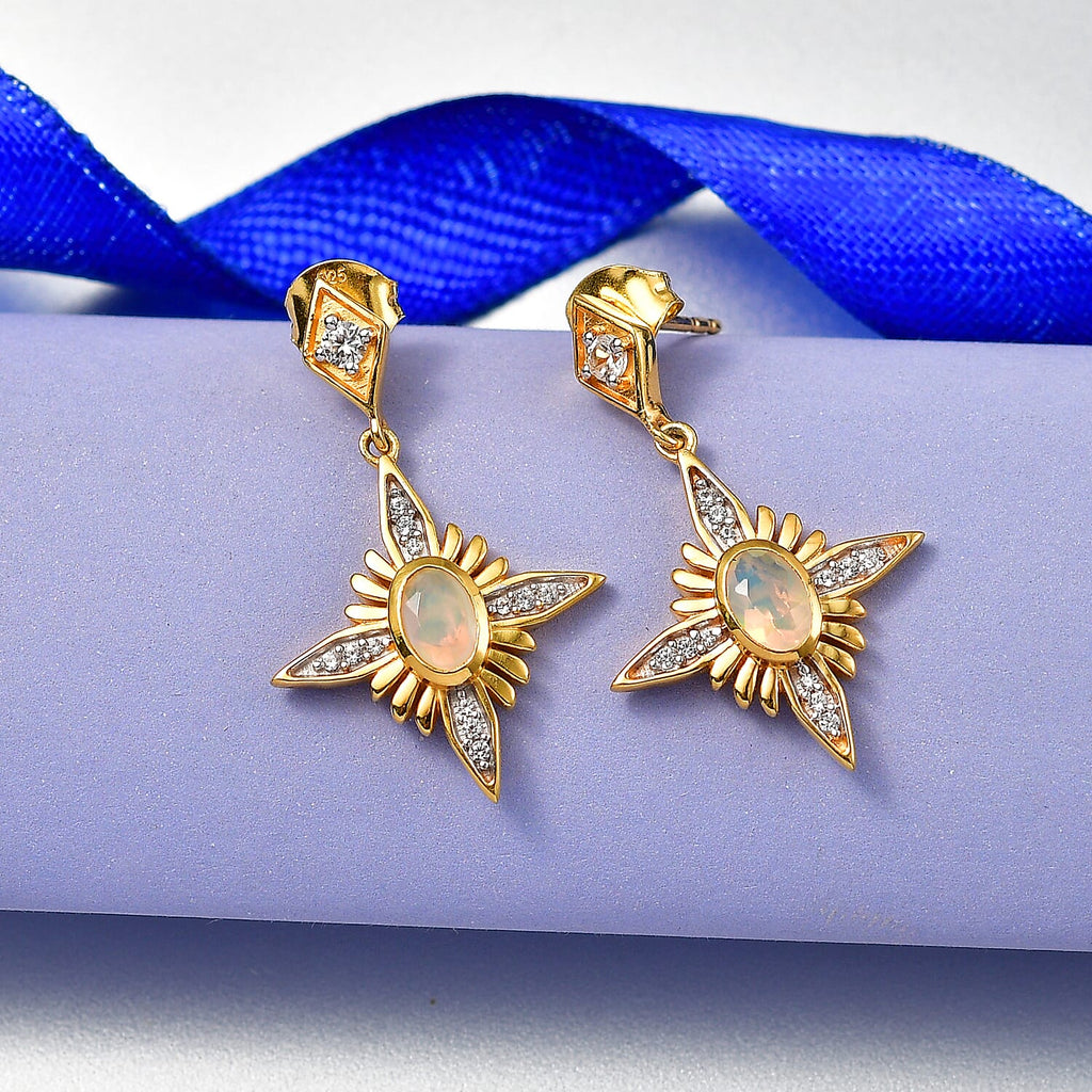 D'Joy Faceted Ethiopian Opal & White Zircon Dangling Push Back Earring in Yellow Gold Plated Sterling Silver 1.00 Ct.