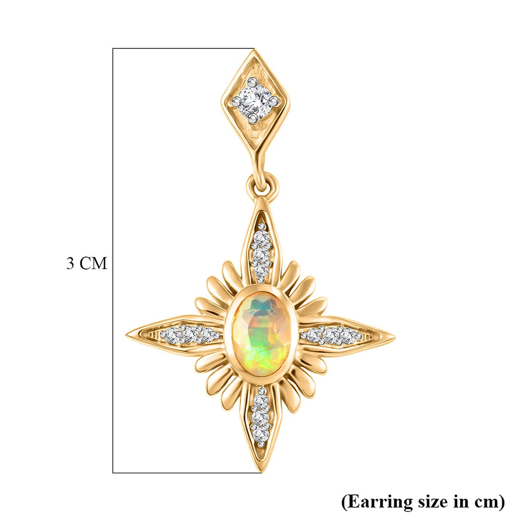 D'Joy Faceted Ethiopian Opal & White Zircon Dangling Push Back Earring in Yellow Gold Plated Sterling Silver 1.00 Ct.