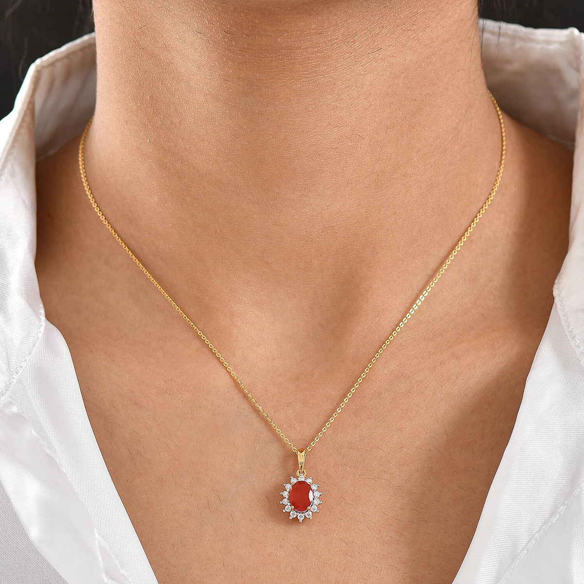 D'Joy - Fire Opal &amp; Moissanite Halo Pendant with Chain (Size 20) in 18K Vermeil Yellow Gold Plated Sterling Silver 1.00 Ct. V32513789 2