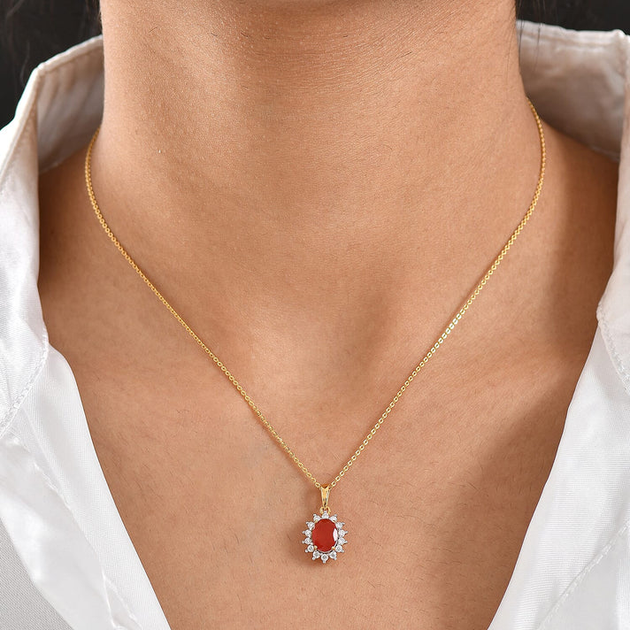 D'Joy - Fire Opal &amp; Moissanite Halo Pendant with Chain (Size 20) in 18K Vermeil Yellow Gold Plated Sterling Silver 1.00 Ct. 4436562 2