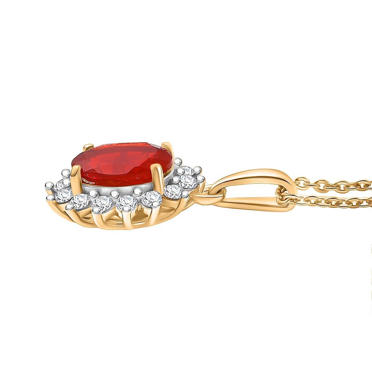 D'Joy - Fire Opal &amp; Moissanite Halo Pendant with Chain (Size 20) in 18K Vermeil Yellow Gold Plated Sterling Silver 1.00 Ct. V32513789 3