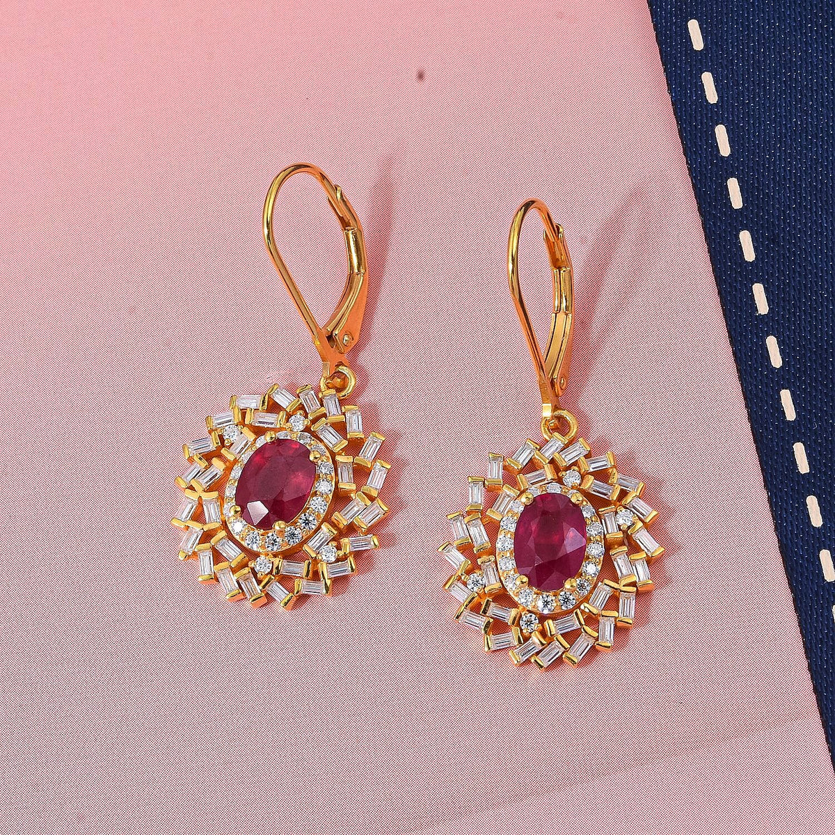 D'Joy  Ruby &amp; Moissanite Lever Back Earring in 18K Vermeil Yellow Gold Plated Sterling Silver 3.80 Ct. 8296276 2