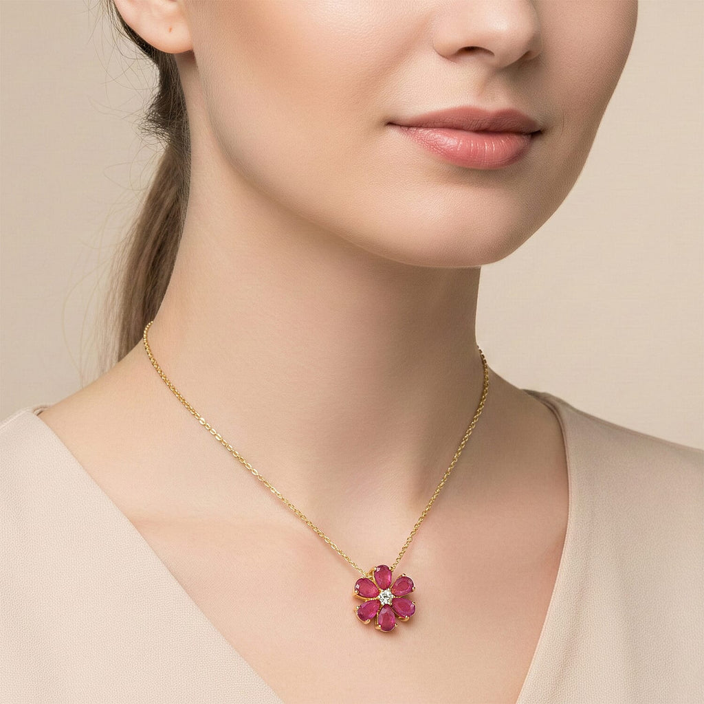 D'Joy African Ruby & Moissanite Floral Pendant with Chain (Size 20) in Yellow Gold Plated Sterling Silver 1.92 Ct.