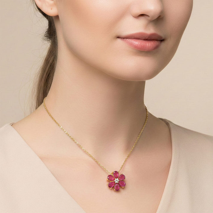 D'Joy Fissure Filled Ruby, Moissanite Floral Pendant with Chain (Size 20)  in Yellow Gold Plated Sterling Silver 1.92 Ct. 4457250 2