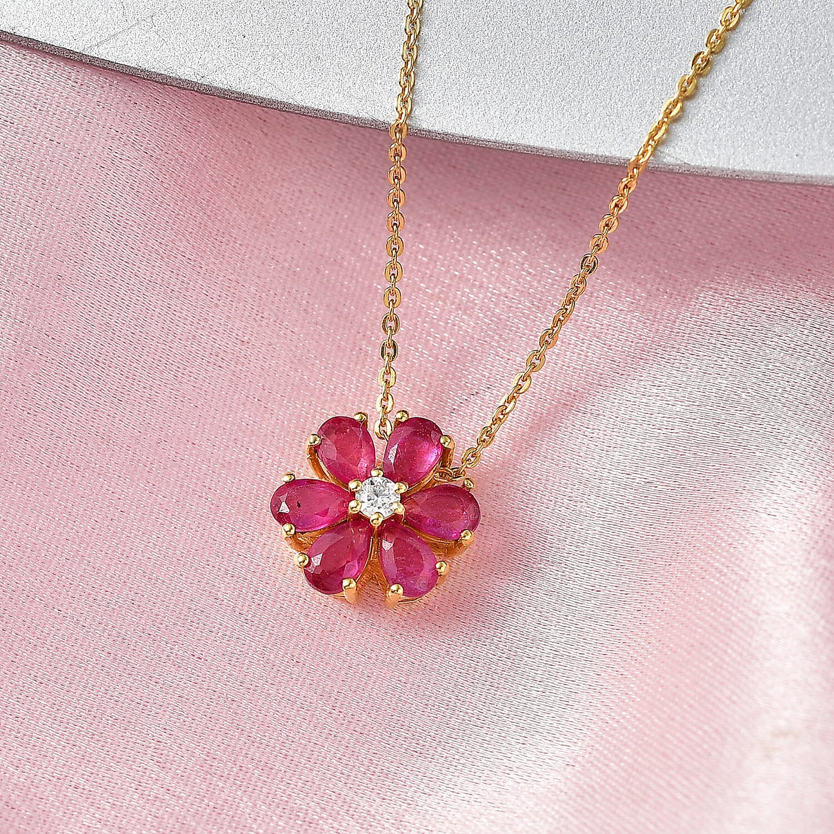 D'Joy Fissure Filled Ruby, Moissanite Floral Pendant with Chain (Size 20)  in Yellow Gold Plated Sterling Silver 1.92 Ct. 4457250 3