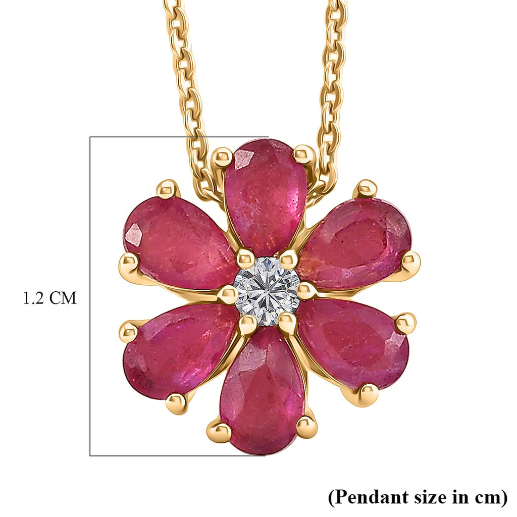 D'Joy African Ruby & Moissanite Floral Pendant with Chain (Size 20) in Yellow Gold Plated Sterling Silver 1.92 Ct.