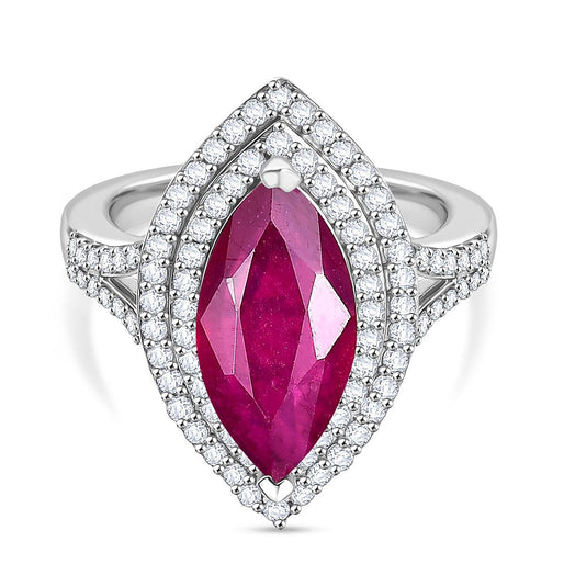 D'Joy Fissure Filled Ruby & Moissanite Halo Ring in Rhodium Overlay Sterling Silver 4.78 Ct.