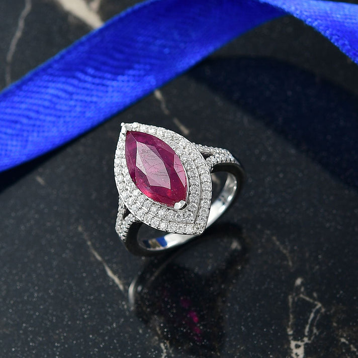 D'Joy Fissure Filled Natural Ruby, Moissanite Halo Ring in Rhodium Overlay Sterling Silver 4.78 Ct. 8298260 2