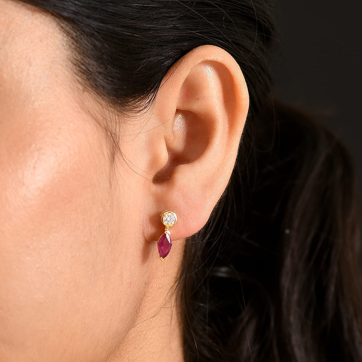 D'Joy Fissure Filled Ruby, Moissanite Drop Push Post Earring in Yellow Gold Plated Sterling Silver 1.92 Ct. 8485128 2