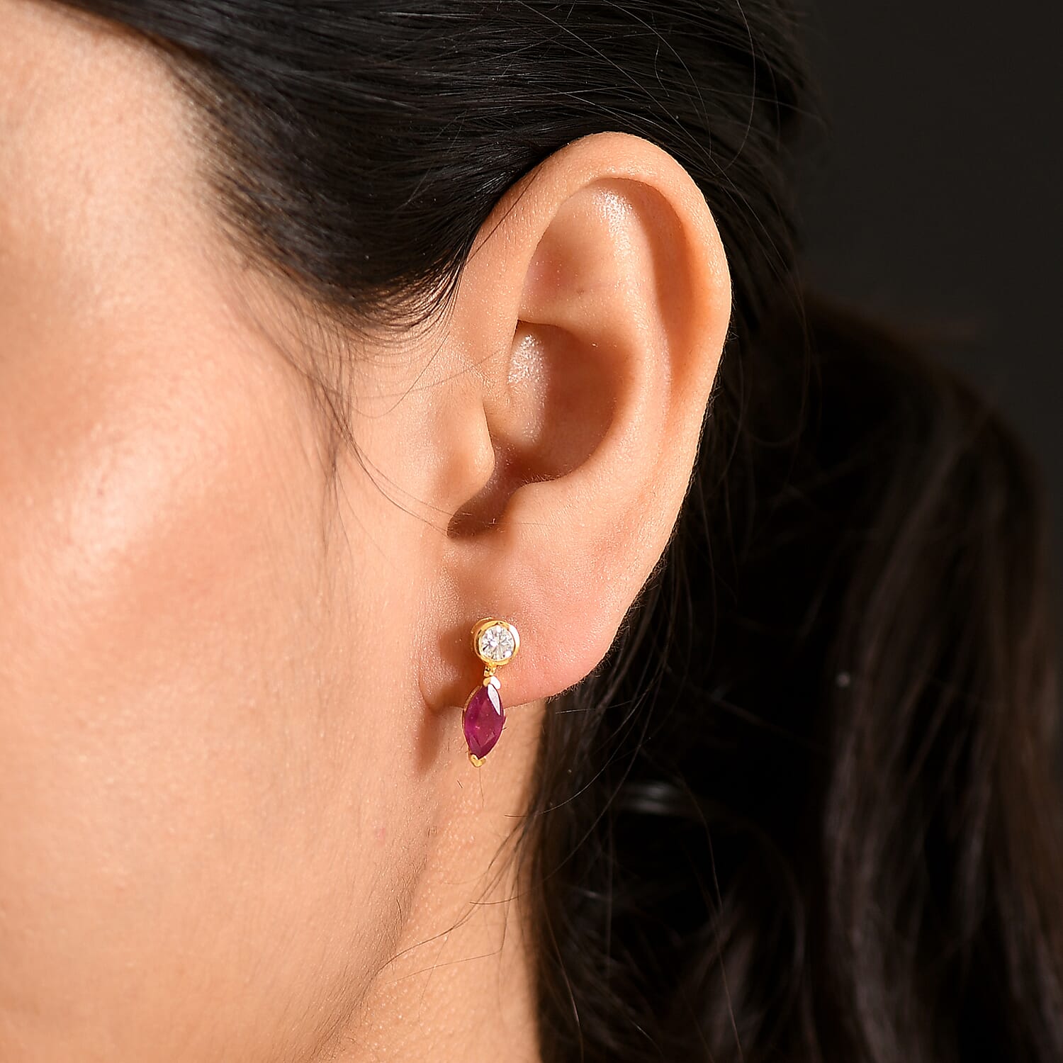 D'Joy Fissure Filled Ruby, Moissanite Drop Push Post Earring in Yellow Gold Plated Sterling Silver 1.92 Ct. 8485128 2