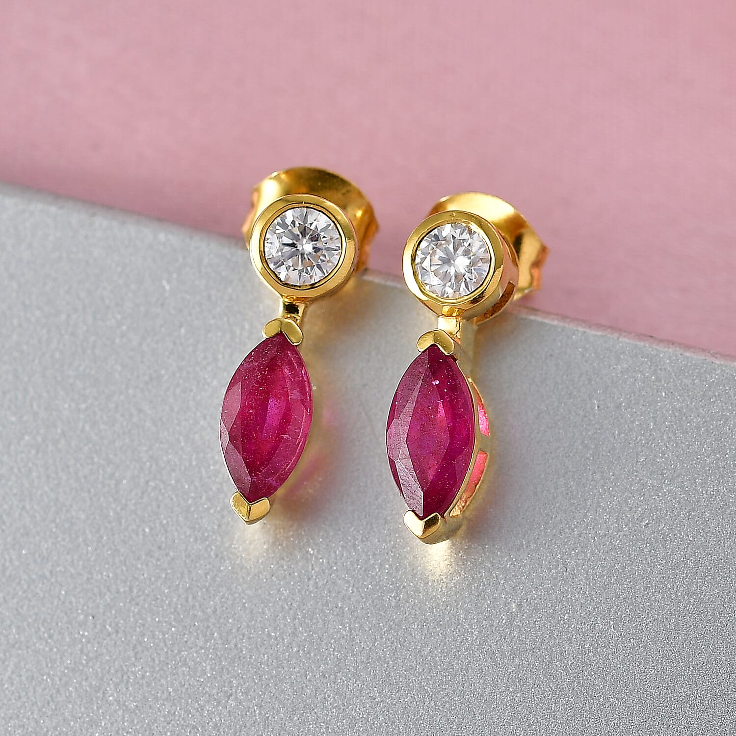 D'Joy Fissure Filled Ruby, Moissanite Drop Push Post Earring in Yellow Gold Plated Sterling Silver 1.92 Ct. 8485128 3
