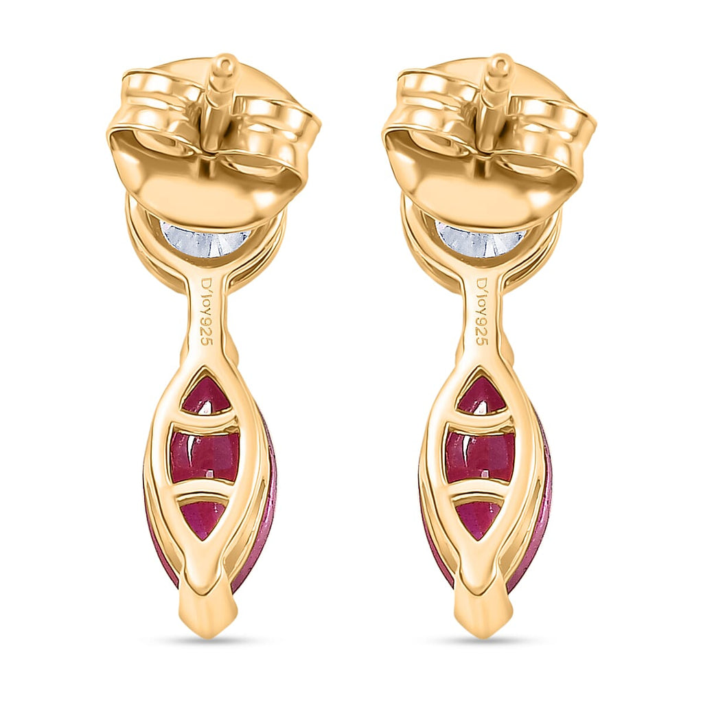 D'Joy African Ruby & Moissanite Drop Earring with Push Post in Yellow Gold Plated Sterling Silver 1.92 Ct.