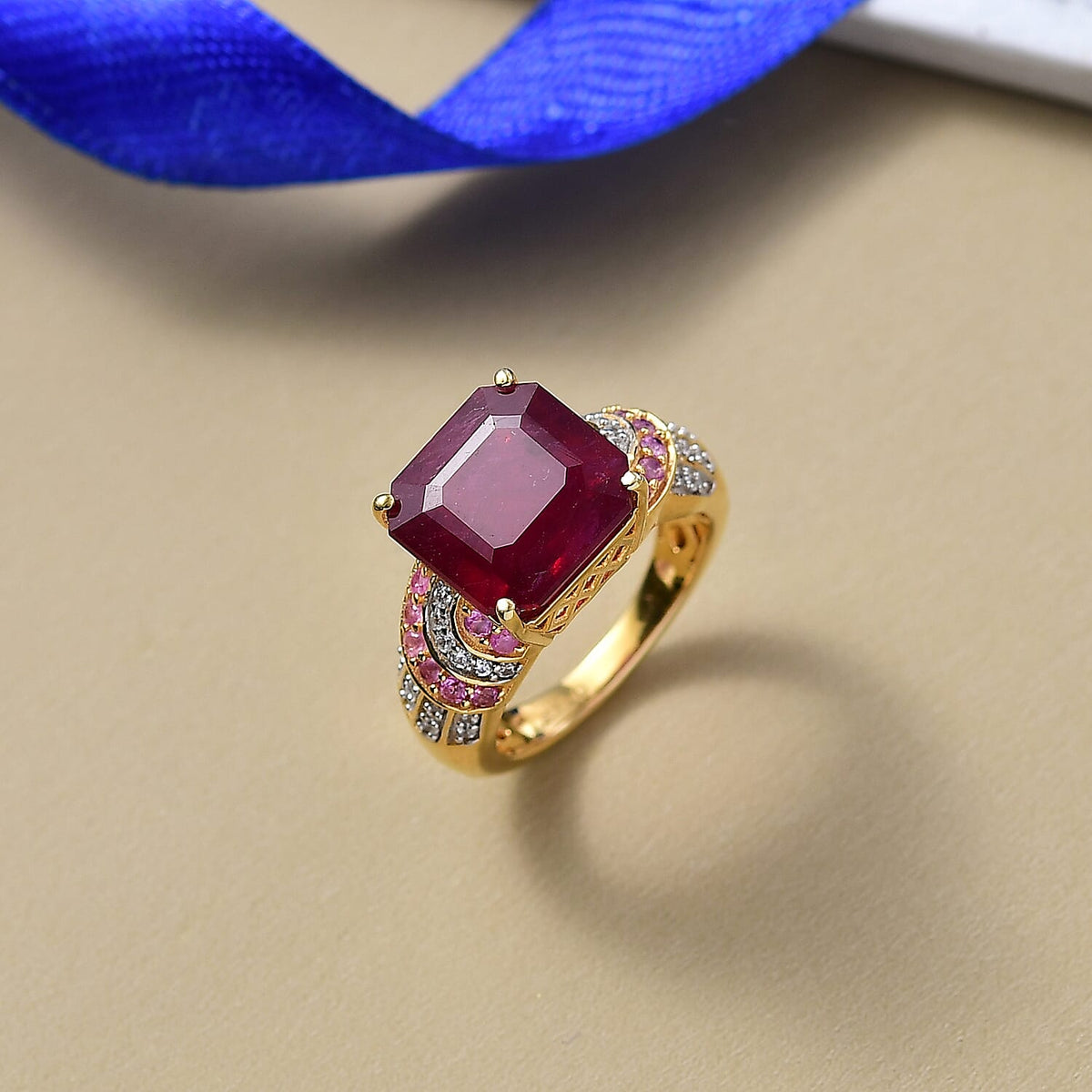 D'Joy 10.48 Ct. Fissure Filled Natural Ruby, Pink Sapphire and White Zircon Ring in 18K Vermeil Yellow Gold Plated Sterling Silver 8251405 2