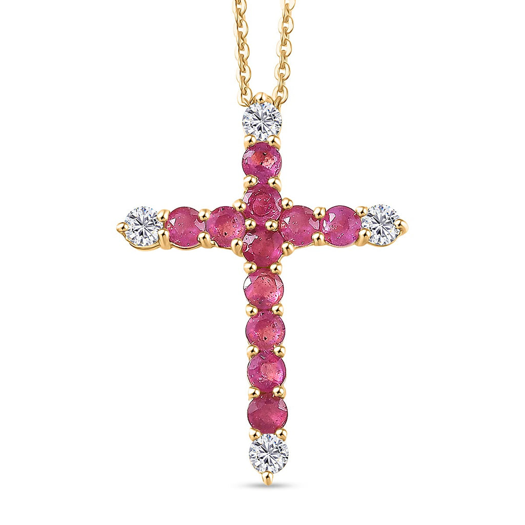 African Ruby & White Zircon Cross Pendant with Chain (Size 20) in Yellow Gold Plated Sterling Silver 1.54 Ct.