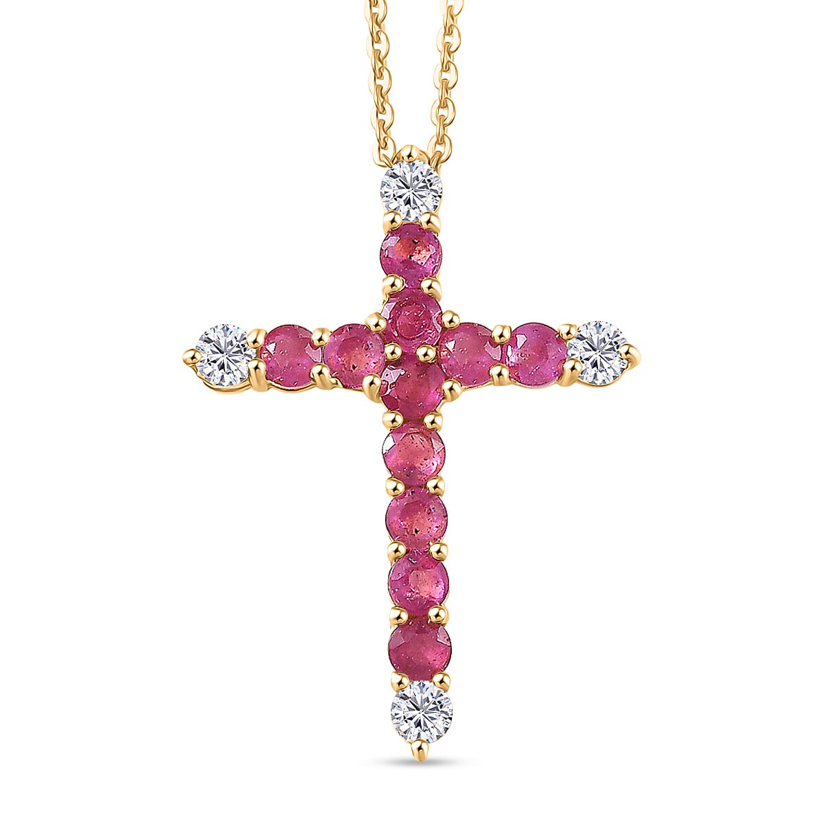 African Ruby, White Zircon Cross Pendant with Chain (Size 20) in Yellow Gold Plated Sterling Silver 1.54 Ct. 4456959 0