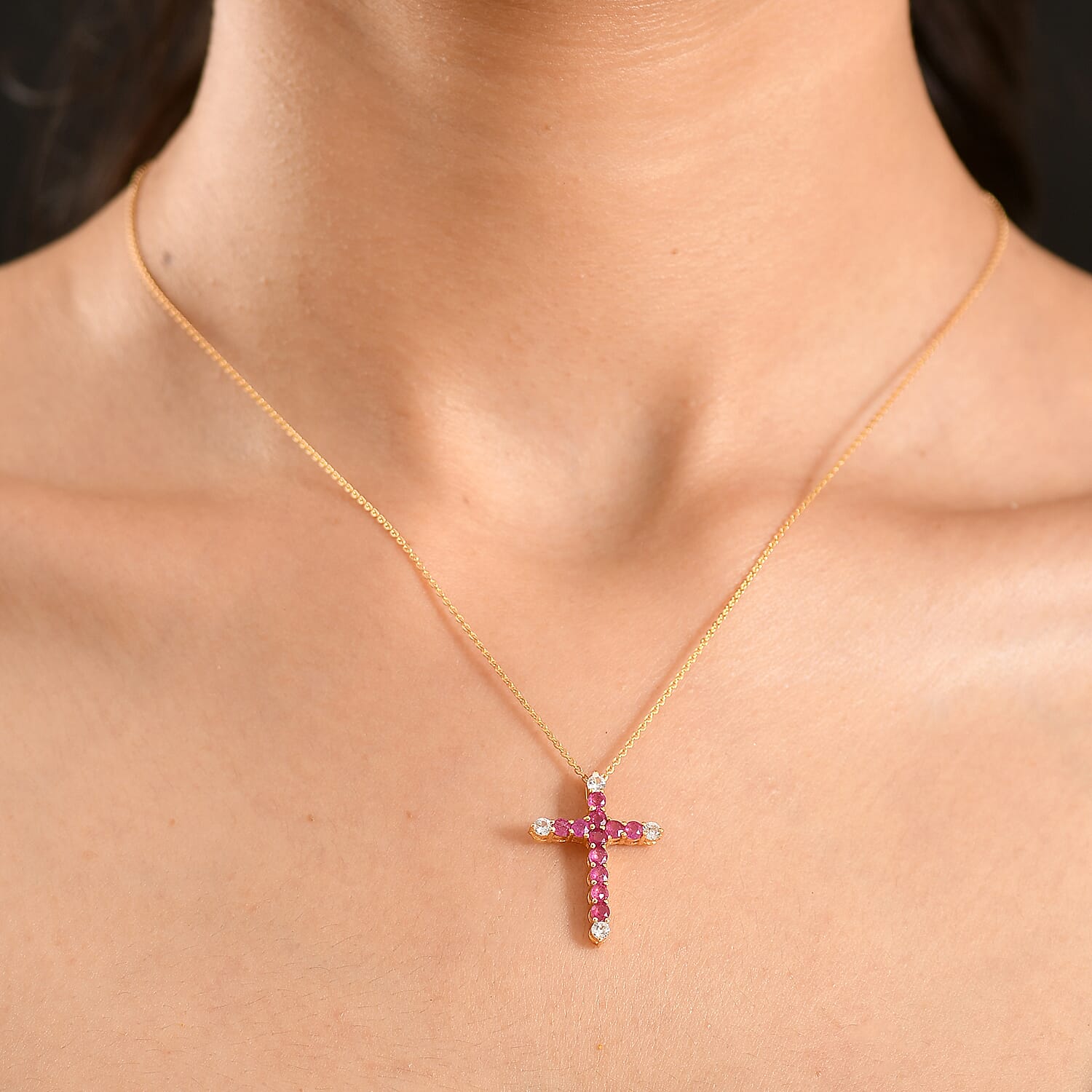 African Ruby, White Zircon Cross Pendant with Chain (Size 20) in Yellow Gold Plated Sterling Silver 1.54 Ct. 4456959 2