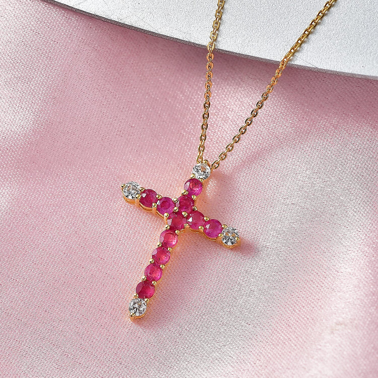 African Ruby, White Zircon Cross Pendant with Chain (Size 20) in Yellow Gold Plated Sterling Silver 1.54 Ct. 4456959 3