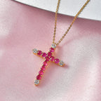 African Ruby & White Zircon Cross Pendant with Chain (Size 20) in Yellow Gold Plated Sterling Silver 1.54 Ct.