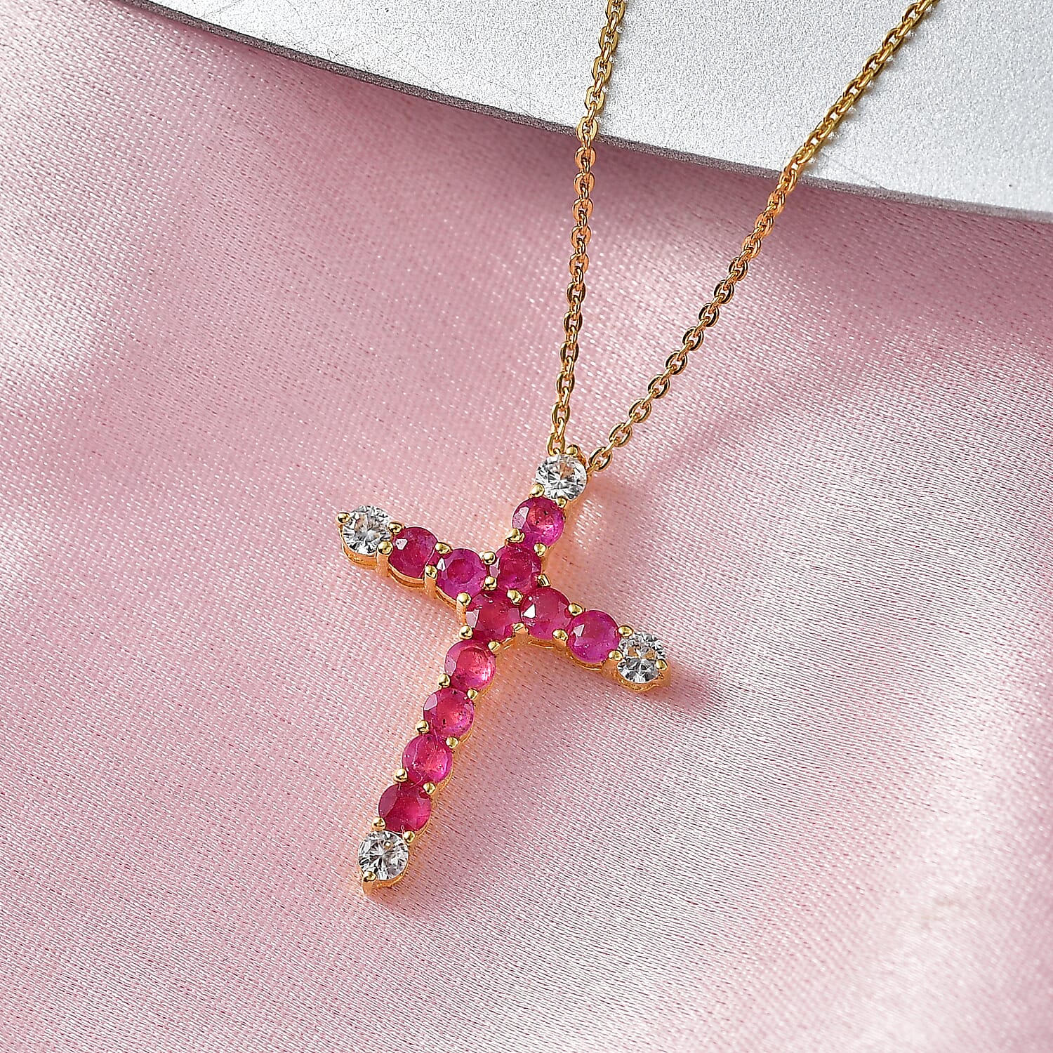 African Ruby, White Zircon Cross Pendant with Chain (Size 20) in Yellow Gold Plated Sterling Silver 1.54 Ct. 4456959 3
