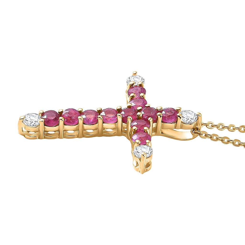 African Ruby & White Zircon Cross Pendant with Chain (Size 20) in Yellow Gold Plated Sterling Silver 1.54 Ct.