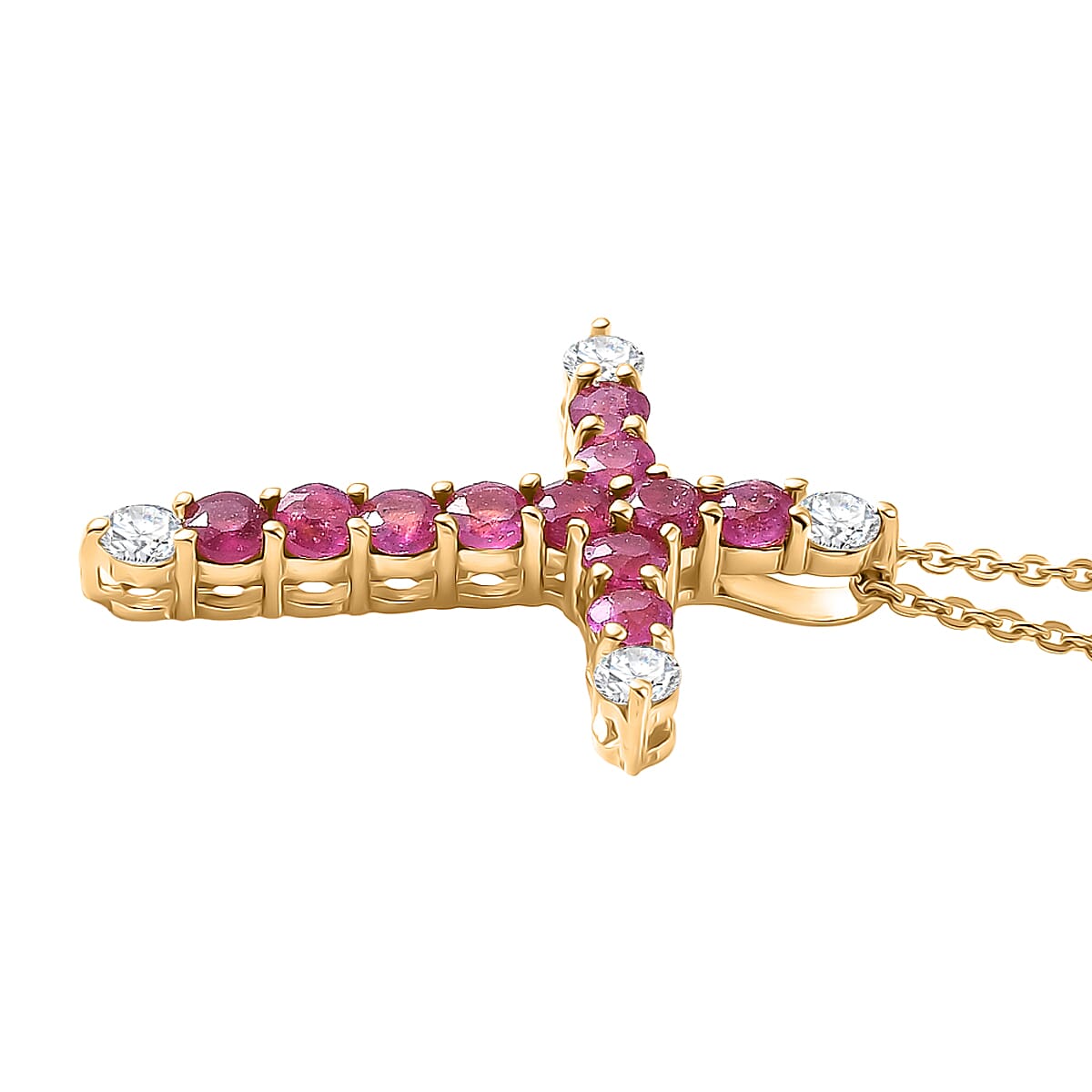 African Ruby, White Zircon Cross Pendant with Chain (Size 20) in Yellow Gold Plated Sterling Silver 1.54 Ct. 4456959 4