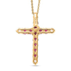 African Ruby & White Zircon Cross Pendant with Chain (Size 20) in Yellow Gold Plated Sterling Silver 1.54 Ct.