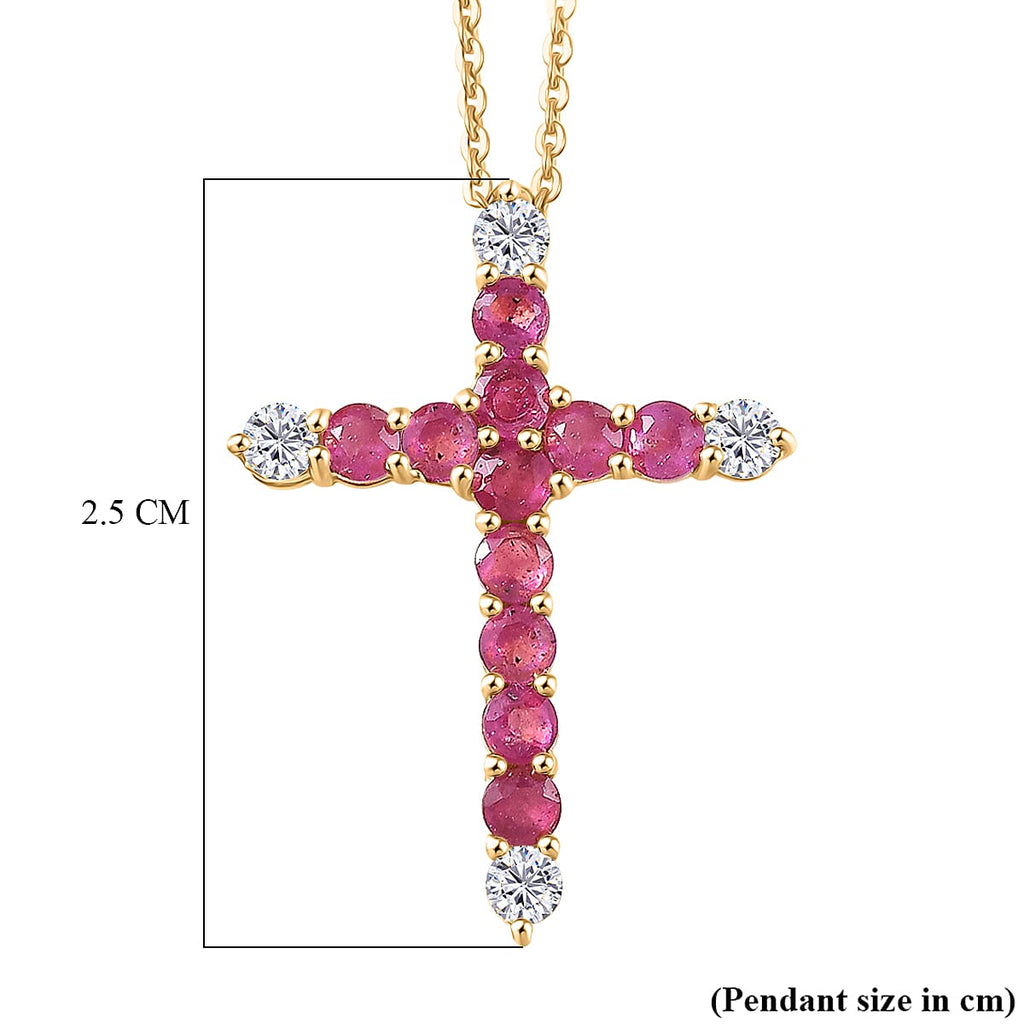African Ruby & White Zircon Cross Pendant with Chain (Size 20) in Yellow Gold Plated Sterling Silver 1.54 Ct.