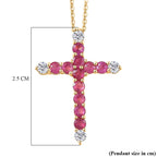 African Ruby & White Zircon Cross Pendant with Chain (Size 20) in Yellow Gold Plated Sterling Silver 1.54 Ct.