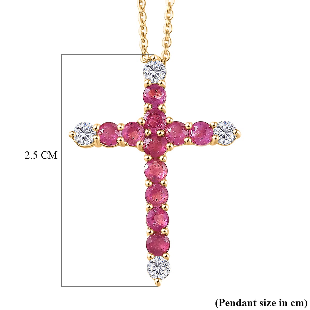 African Ruby, White Zircon Cross Pendant with Chain (Size 20) in Yellow Gold Plated Sterling Silver 1.54 Ct. 4456959 7