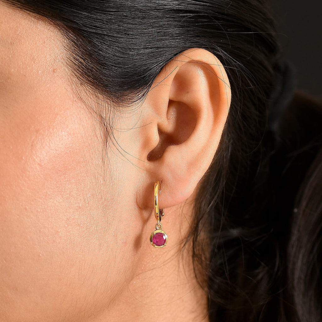 D'Joy Fissure Filled Ruby & White Zircon Dangling Earring with Clasp in Yellow Gold Plated Sterling Silver 2.00 Ct.