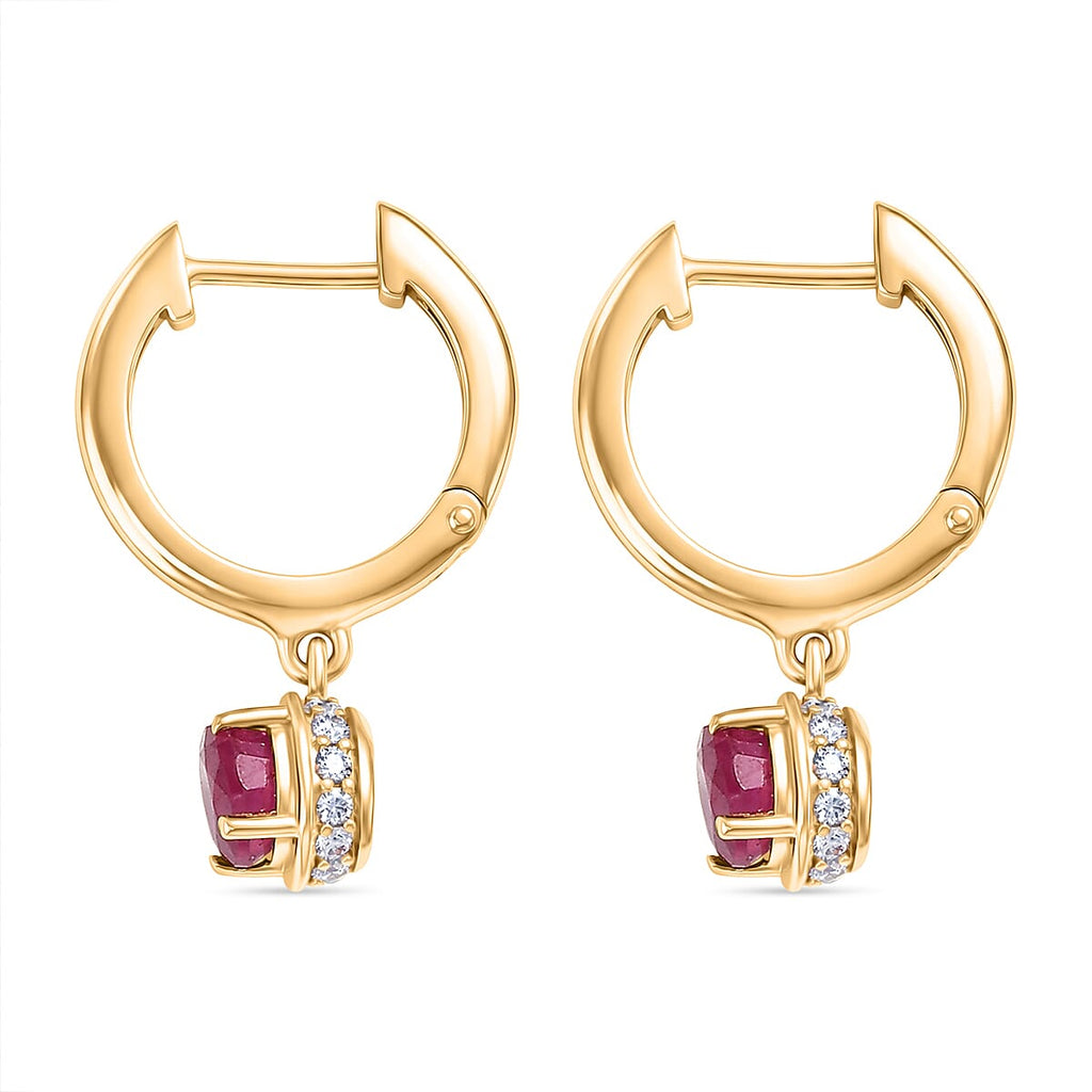 D'Joy Fissure Filled Ruby & White Zircon Dangling Earring with Clasp in Yellow Gold Plated Sterling Silver 2.00 Ct.