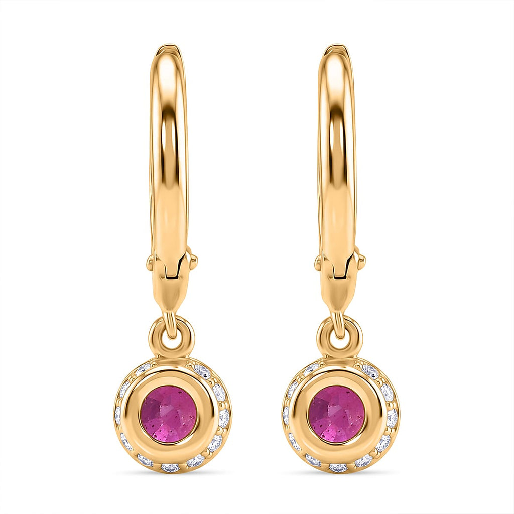 D'Joy Fissure Filled Ruby & White Zircon Dangling Earring with Clasp in Yellow Gold Plated Sterling Silver 2.00 Ct.
