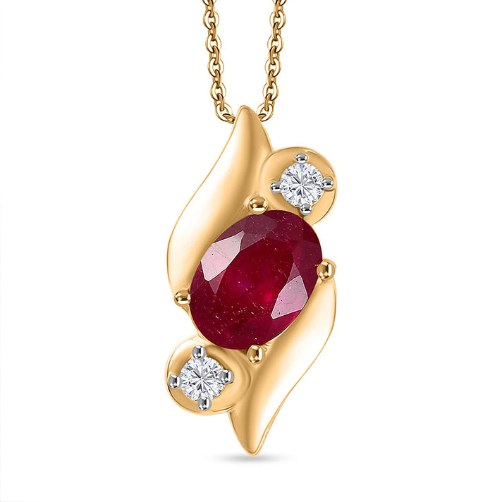 D'Joy Fissure Filled Ruby, White Zircon Three-Stone Twist Pendant with Chain (Size 20)  in Yellow Gold Plated Sterling Silver 1.34 Ct. 4457243 1