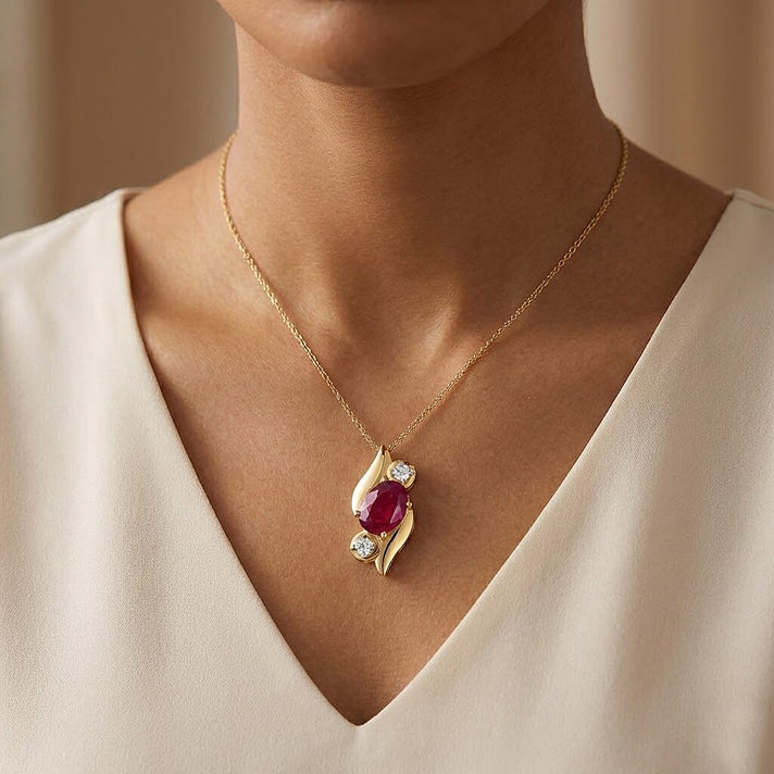 D'Joy Fissure Filled Ruby, White Zircon Three-Stone Twist Pendant with Chain (Size 20)  in Yellow Gold Plated Sterling Silver 1.34 Ct. 4457243 2