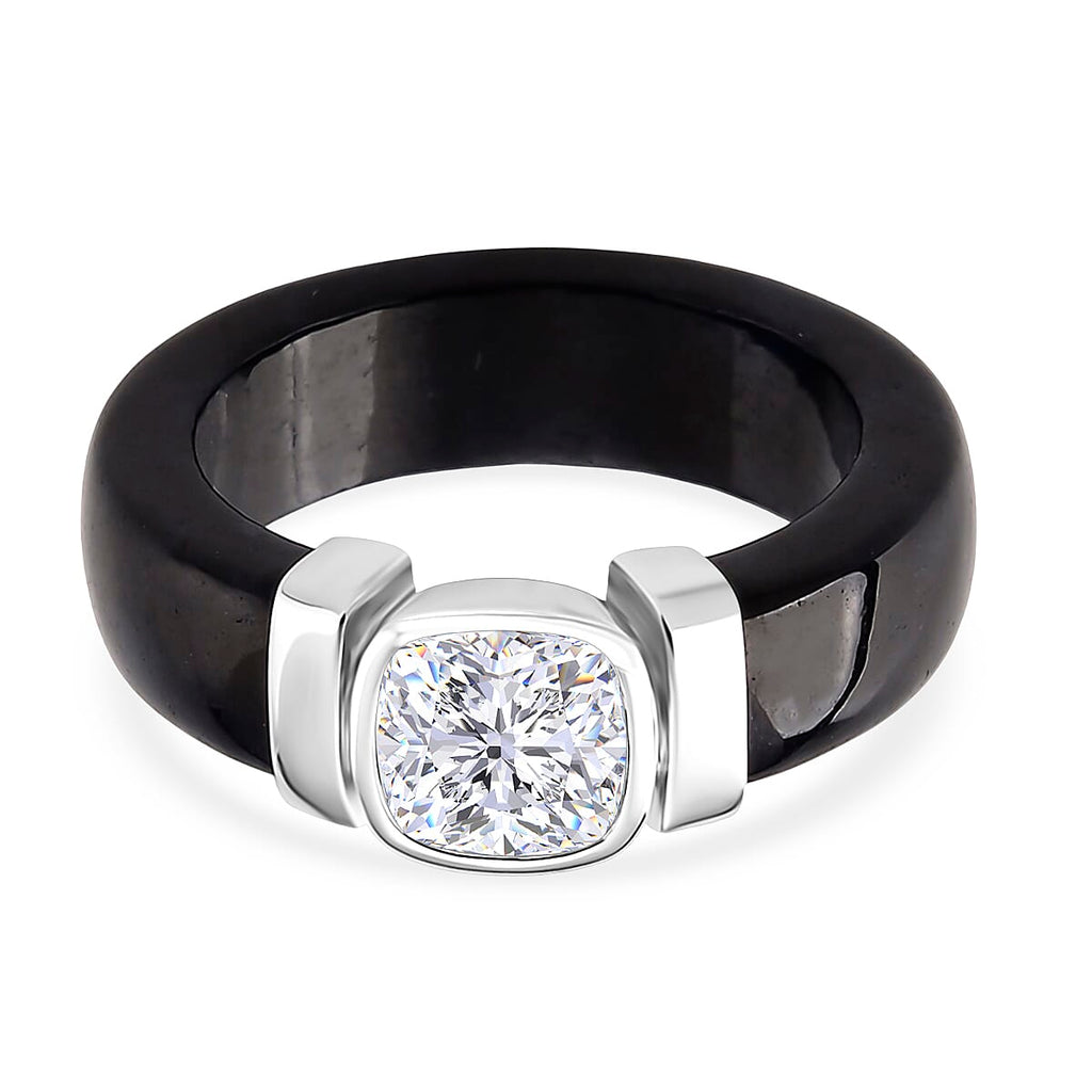 D'Joy - GRA Certified Moissanite & Dyed Black Jade Solitaire Band Ring in Rhodium Overlay Sterling Silver 29.70 Ct.