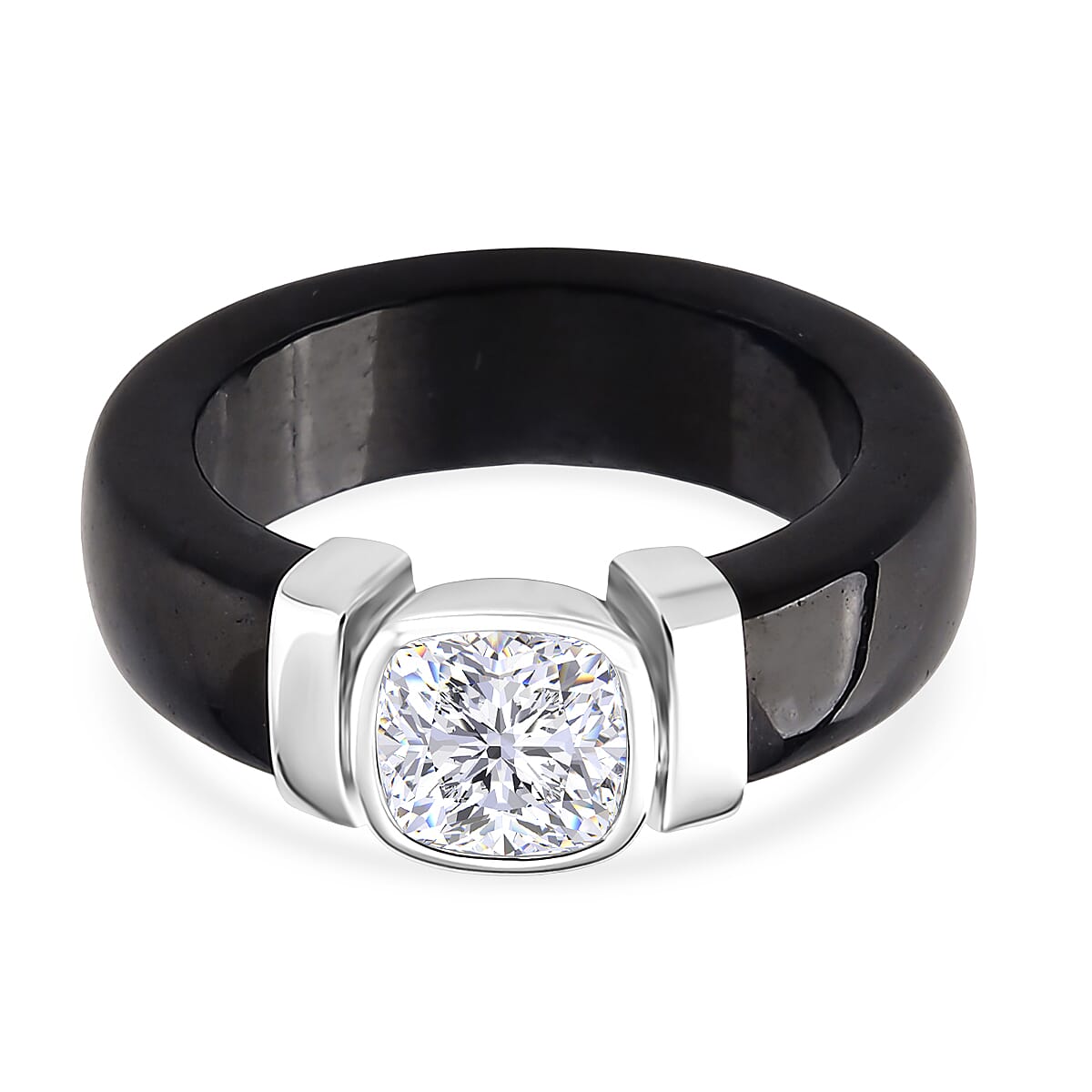 D-VVS1 GRA Certified Moissanite (1.70 Cts) &amp;  Black Jade Solitaire Band Ring in Rhodium Overlay Sterling Silver 30.00  Ct. 8503070 0